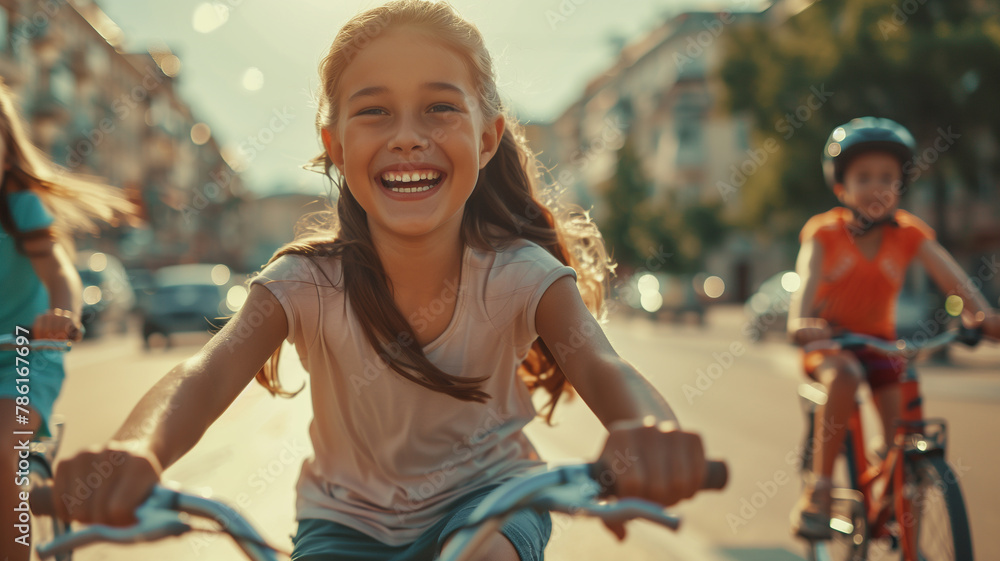Obraz premium Happy children ride bicycles on a sunny street, having fun on a bikes. The concept of a happy childhood, Children's Day.