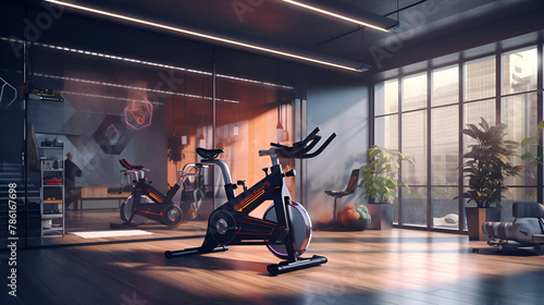 Stationary Bikes photo high quality used in gym for loses weight with window and large mirror and plants in background 
 photo
