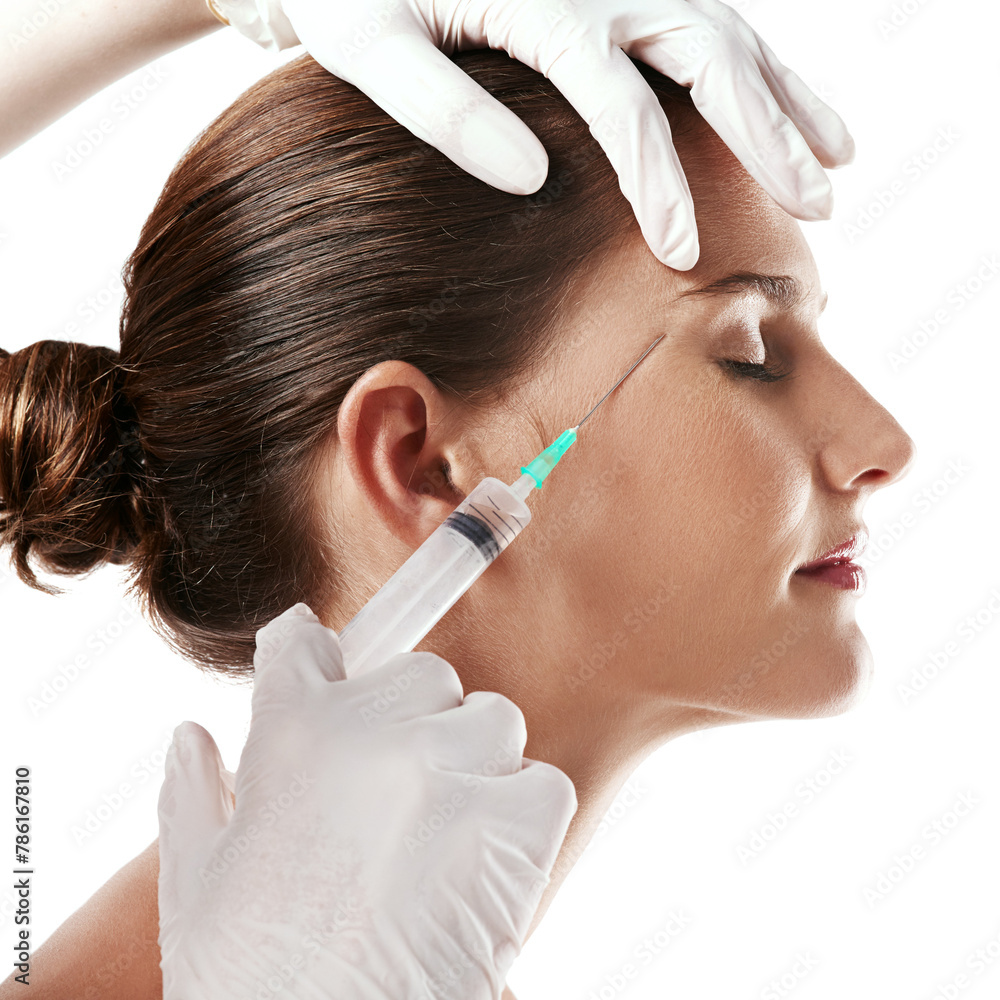 Woman, hand and injection for eyebrow plastic surgery as cosmetic ...