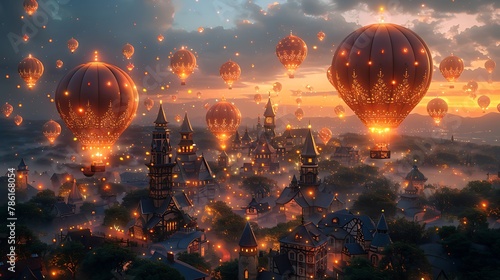 Craft an enchanting scene where balloons  aglow with vibrant hues  float gracefully against a backdrop of starlit skies  igniting the atmosphere with festive charm.