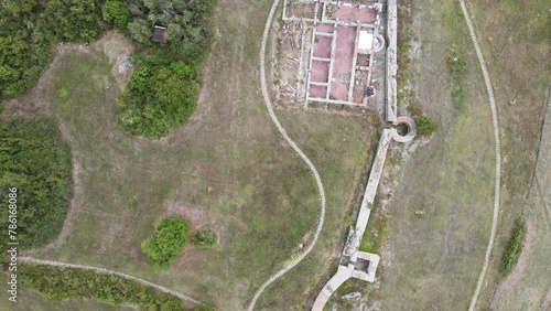 Aerial view of ruins of ancient Roman city Nicopolis ad Nestum near town of Garmen, Blagoevgrad Region, Bulgaria photo