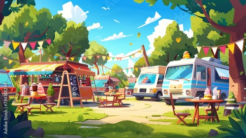 Pedestrian street food market in city park with street food trucks selling ice cream, drinks, desserts and hot dogs. Modern cartoon illustration of food vans, tables and chairs.