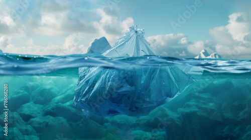 Construct a 3D animation featuring a plastic bag as an unexpected element in a stunning sea backdrop, highlighting the fragility of oceanic environments #786168280