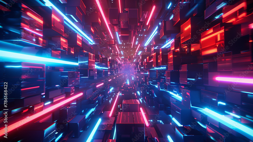 Craft a visually striking 3D animation featuring neon light geometric elements illuminated by neon lights against a futuristic backdrop