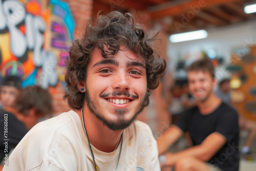 Portrait of a fictional smiling young man sitting in a skater shop with his friends in the background. Concept of Gen Z, skating, street lifestyle, youth, and moments in daily life.	 photo