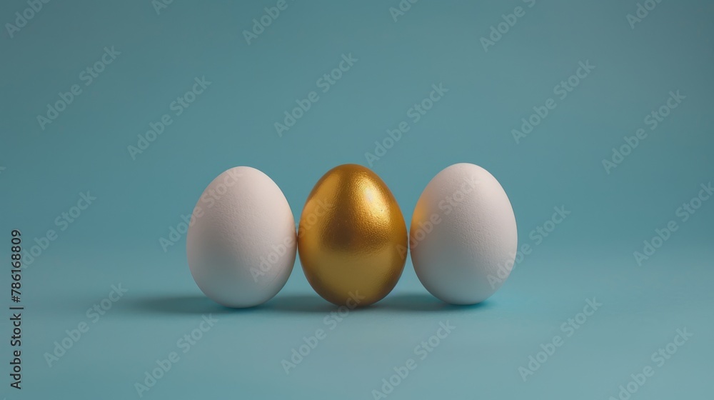 In the center of a blue background, gold egg is surrounded by two white eggs. The concept is exclusivity, individuality, and the best choice.