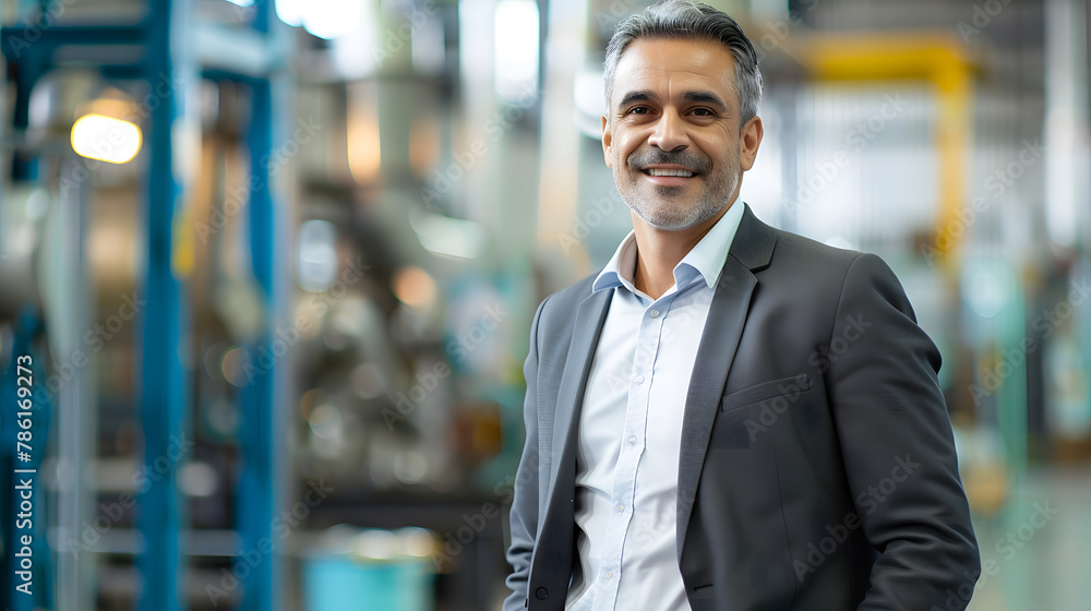 Portrait of a factory owner or manager in a business suit background warehouse. Banner industrial plant process Portrait of a factory owner or manager in a business suit background warehouse. Banner industrial plant process