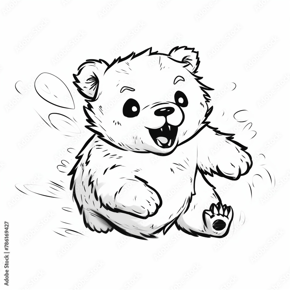 Naklejka premium dynamic running teddy bear, Black and white, line drawing, white background сreated with Generative Ai