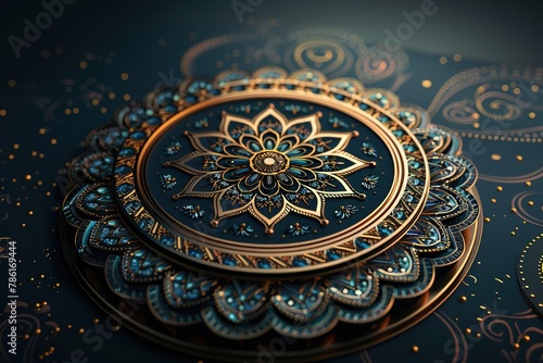 3d illustration of mandala with gold pattern on black background, Ai Generated