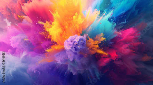 Design a backdrop with a sudden burst of vibrant colors making a splash effect, all within a unique 3D animated illustration frame. photo