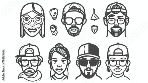 Human faces icons thin line art set. Hipster character
