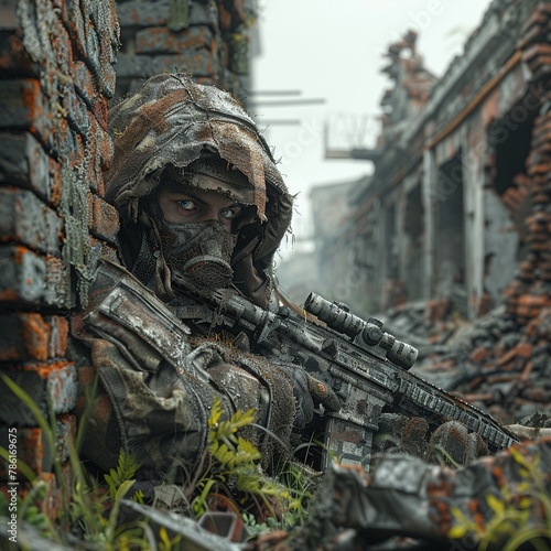 A guerilla fighter hiding in ruins that show signs of decay