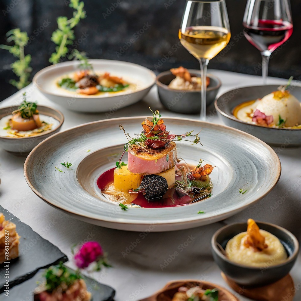 A sumptuous photo of multiple courses and drinks, each artfully presented 
