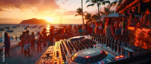 A close shot of a hand playing song on DJ mixer near sea with a beautiful sea view in a open space with space for text or product