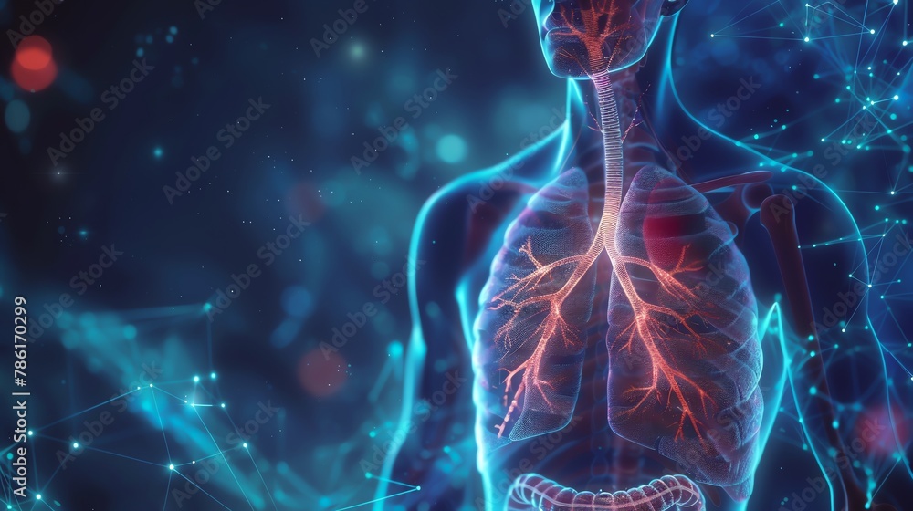 DNA strand with human body lungs anatomy , 3d render , futuristic background