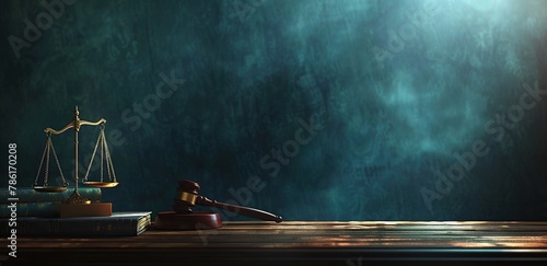 Background featuring gavel and scales of justice on wooden table in dark blue backdrop. Concept for law business. photo