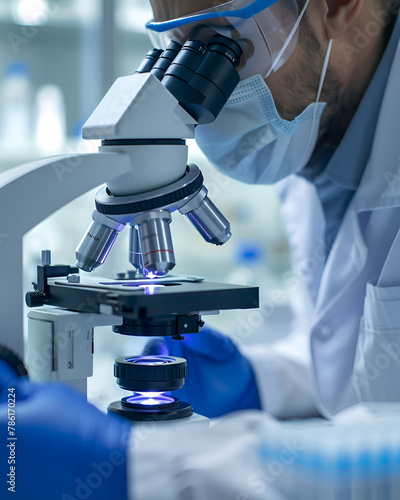 A close-up of a scientist analyzing blood samples under a microscope in a modern laboratory