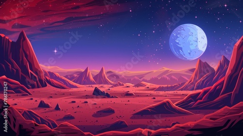 A Mars landscape with red desert surface and rocky mountains. A modern illustration of an alien planet against the night sky with stars shining bright on the horizon.