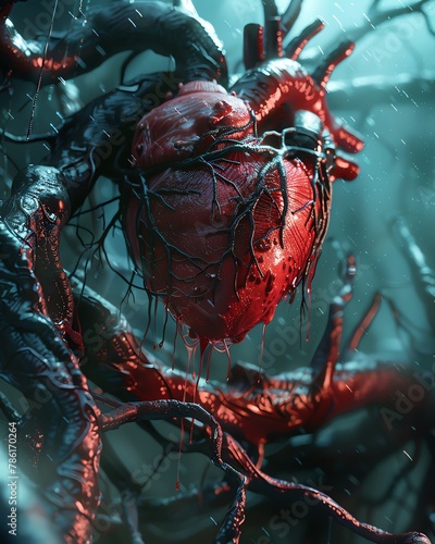 Clogged arteries, coronary artery plaque with human heart , 3d render , futuristic background