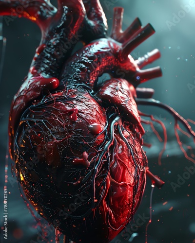 Clogged arteries, coronary artery plaque with human heart , 3d render , futuristic background