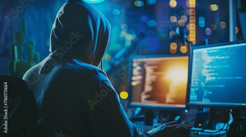 The person in the hoodie is hacking security on a computer network. photo