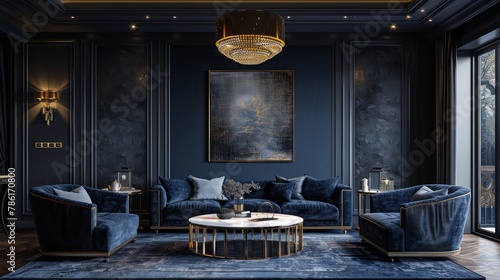 3D rendering features an elegant living room with a navy blue suede wall texture, luxurious velvet sofas, metallic accents, and a statement chandelier. The decor boasts a monochrome palette