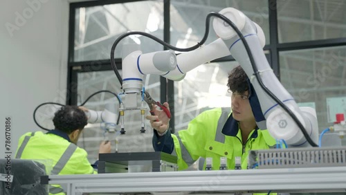 Group of multiethnic engineer researching and developing a robotics arm in scientific technology laboratory. Technician examining Industrial robot machine. Automated and manufacturing factory concepts