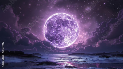 Enormous Purple Moon Illuminating Night Sky