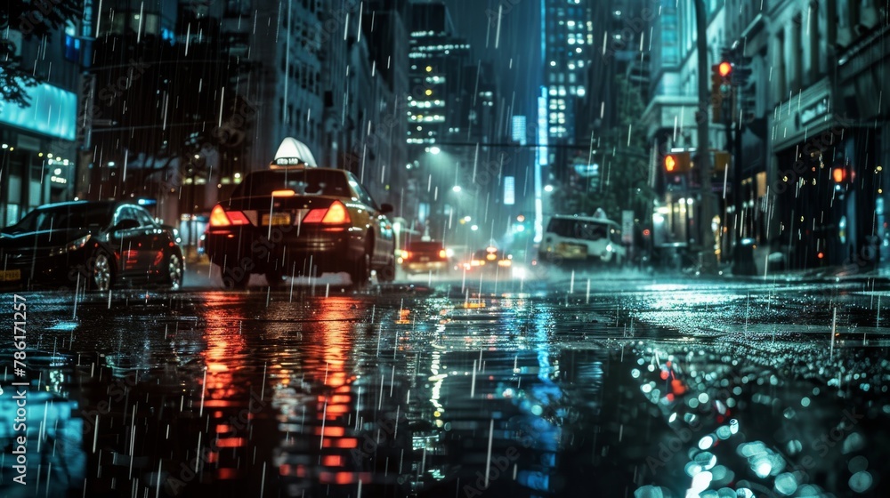 Rain-Slicked City Streets at Night with Glowing Street Lights and a Reflection of the Urban Bustle Rain-Slicked City Streets at Night with Glowing Street Lights and a Reflection of the Urban Bustle