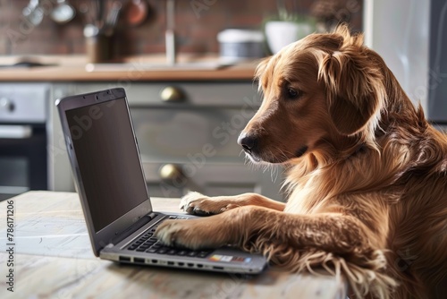 Dog sitting at a desk in front of a grey laptop. His paws are touching the keyboard as he is typing
