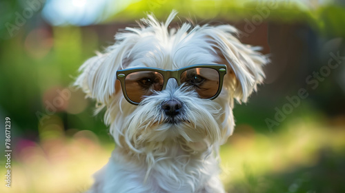 Portrait of white funny little dog wearing sunglasses, hot summer weather © big_and_serious