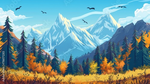 Detailed autumn mountain valley landscape illustration modern illustration. Beautiful and wild fall nature scenery environment for expedition trip in Canada. Sunny weather with birds flying in the photo