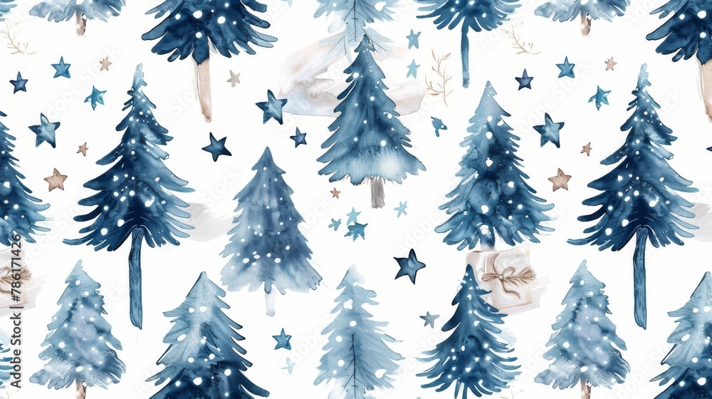 Obraz premium Stars and fir trees seamless watercolor pattern for winter