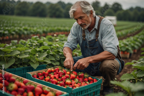 Landwirt bei der sorgfältigen Auswahl von Erdbeeren während der Erntezeit auf dem Feld photo