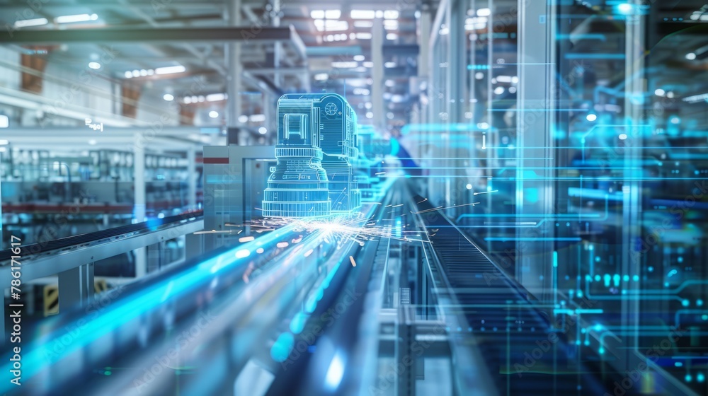 Holographic projection, future automated factory floor, automated finishing Holographic projection, future automated factory floor, automated finishing