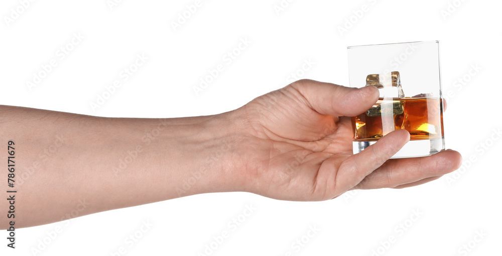 Man holding glass of whiskey with ice cubes on white background, closeup Man holding glass of whiskey with ice cubes on white background, closeup