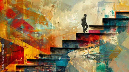 An artist collage depicts a man climbing the 2022 like stairs. He faces a range of challenges and successes in the year 2022.