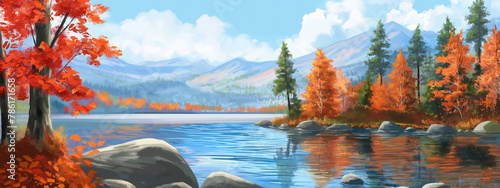 beautiful autumn woodland and lake, artful painting style illustration with grungy brush stroke texture, Generative Ai