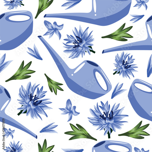 seamless pattern with blue ear buds, green leaves and blue watering can for plants, for textile, packaging or banners photo