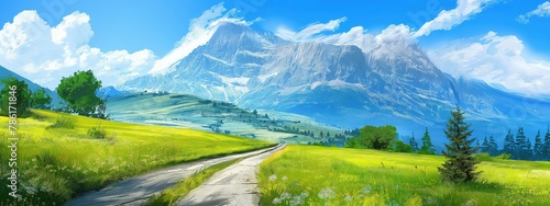 rural countryside green grass pasture with country road nature landscape on sunny day, artful painting style illustration with grungy brush stroke texture, Generative Ai