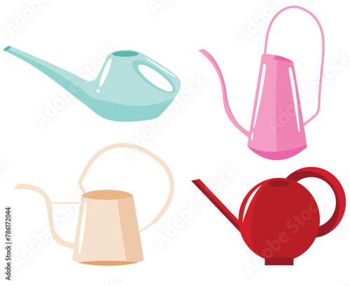 set of vector icons of unusual shapes and pastel colors of watering cans for plants, for design, poster or textile