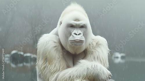 Close up portrait of an albino gorilla sitting on a river bank under the rain photo