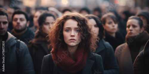 A woman among the crowd. Stress, panic attack, anxiety, loneliness photo