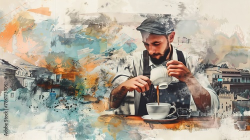 A barista is holding a massive cup of aromatic coffee. The collage is a work of art. © Антон Сальников