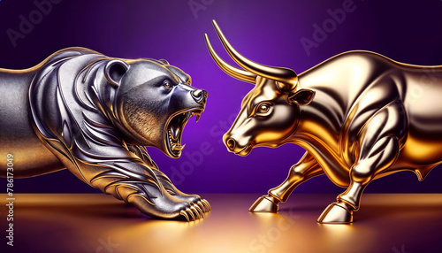 Bull vs bear  symbols of stock market trends  fierce market battle in gold and purple colors