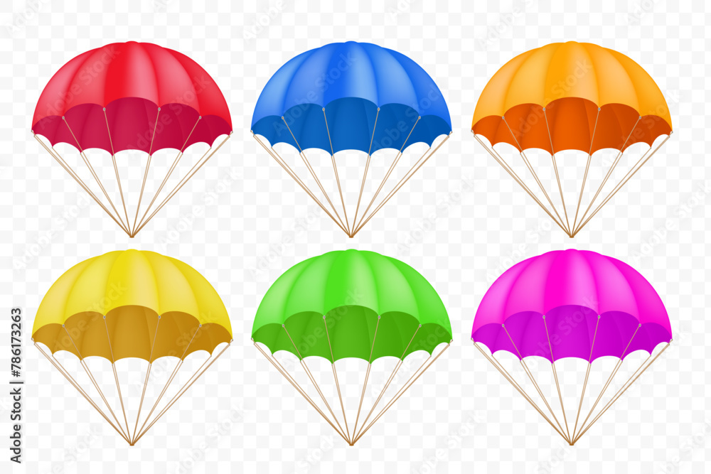 Collection of colorful parachutes. Templates isolated on a transparent background. Vector stock illustration - obrazy, fototapety, plakaty 