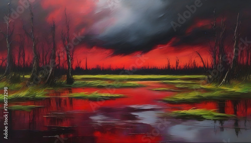 A scary swamp landscapes. Abstract art.