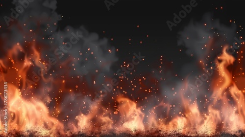 A spark overlay on a smoke and flame background. An orange sparkle flying in a cloud of smoke. A realistic illustration of hot cinders.