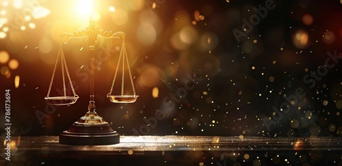 Golden scales of justice and wooden gavel on table in dark office. Concept law firm in bokeh background. photo