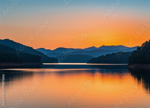 Sunset Over Lake With Mountains